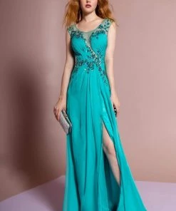 Elizabeth K - GL1088 Bejeweled Cap Sleeve Illusion Bateau Dress Formal Gowns