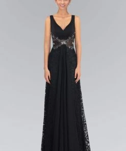Formal Gowns Elizabeth K - GL1092 Lace Overlay V-Neck A-Line Gown