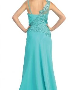 Elizabeth K - GL1093 Lace Embellished Asymmetrical Neck Dress