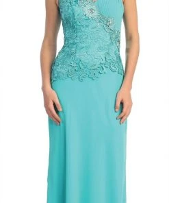 Elizabeth K - GL1093 Lace Embellished Asymmetrical Neck Dress