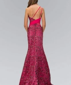 Formal Gowns Elizabeth K - GL1095 Embellished Asymmetrical Neck Trumpet Dress