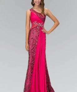 Formal Gowns Elizabeth K - GL1095 Embellished Asymmetrical Neck Trumpet Dress