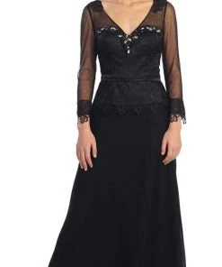 Elizabeth K - GL1097 Quarter Sleeve Applique Chiffon Gown Formal Gowns