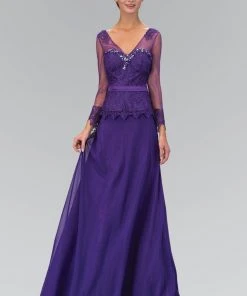 Elizabeth K - GL1097 Quarter Sleeve Applique Chiffon Gown Formal Gowns