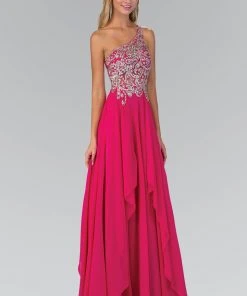 Elizabeth K - GL1128 Asymmetrical Bejeweled Chiffon Gown