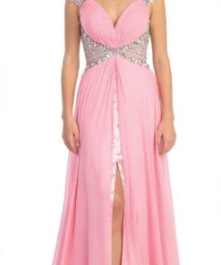 Elizabeth K - GL1130 Bejeweled Cap Sleeve Ruched V-Neck Dress