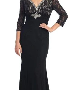 Elizabeth K - GL1133 Quarter Length Sleeve Jeweled V-Neck Dress Formal Gowns