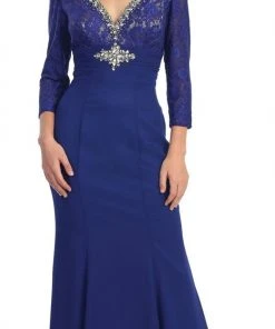 Elizabeth K - GL1133 Quarter Length Sleeve Jeweled V-Neck Dress Formal Gowns