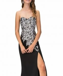 Formal Gowns Elizabeth K - GL1144 Strapless Floral Long Dress With Slit 10 Formal Gowns Elizabeth K - GL1144 Strapless Floral Long Dress With Slit