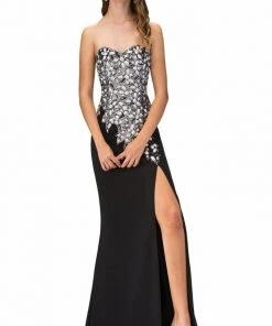 Formal Gowns Elizabeth K - GL1144 Strapless Floral Long Dress With Slit