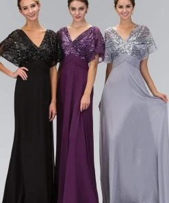 Formal Gowns Elizabeth K - GL1145 Sequined V-neck Chiffon A-line Dress