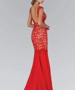 Elizabeth K - GL1152 Laced Bateau Neck Chiffon Trumpet Gown