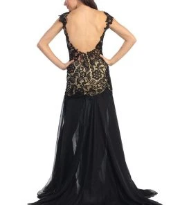 Elizabeth K - GL1152 Laced Bateau Neck Chiffon Trumpet Gown
