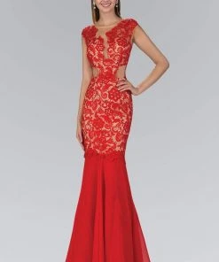 Elizabeth K - GL1152 Laced Bateau Neck Chiffon Trumpet Gown