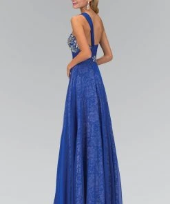 Elizabeth K - GL1154 Asymmetrical Ruched Ornate Gown Formal Gowns