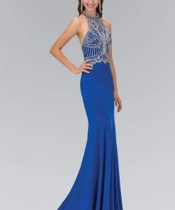 Formal Gowns Elizabeth K - GL1301 Bead Embellished Halter Neck Trumpet Gown