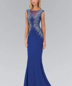 Elizabeth K - GL1306 Bead Embellished Boat Neck Jersey Gown Formal Gowns