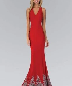 Elizabeth K - GL1325 Baroque Lace V-Neck Sheath Gown Formal Gowns