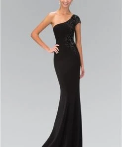Elizabeth K - GL1326 Beaded One Shoulder Jersey Long Dress
