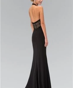 Formal Gowns Elizabeth K - GL1330 Halter Neckline Beaded Black Gown