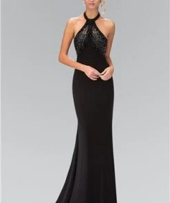 Formal Gowns Elizabeth K - GL1330 Halter Neckline Beaded Black Gown