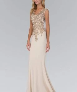 Elizabeth K - GL1333 Embellished V-Neck Jersey Long Gown Formal Gowns