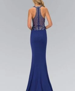 Elizabeth K - GL1337 Bejeweled V-neckline Sheath Gown
