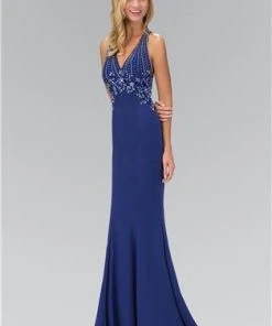 Elizabeth K - GL1337 Bejeweled V-neckline Sheath Gown
