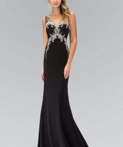Elizabeth K - GL1358 Jewel-Accented V-Neck Gown
