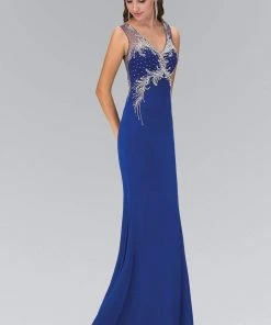 Elizabeth K - GL1358 Jewel-Accented V-Neck Gown