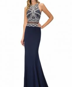 Elizabeth K - GL1362 Beaded Bateau Neckline With Sheer Waist Jersey Gown Formal Gowns