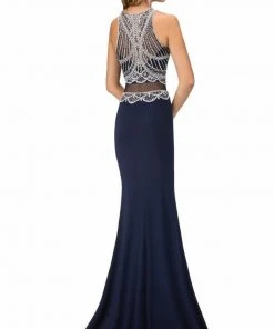 Elizabeth K - GL1362 Beaded Bateau Neckline With Sheer Waist Jersey Gown Formal Gowns