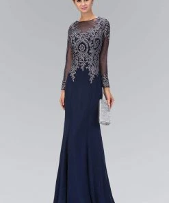 Elizabeth K - GL1368 Laced Bateau Neck Long Sleeve Dress Formal Gowns