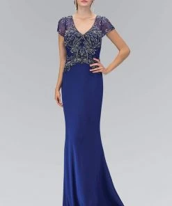 Elizabeth K - GL1370 Short Sleeve V-Neck Jersey Gown