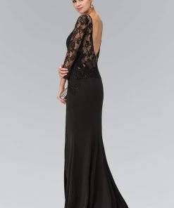 Formal Gowns Elizabeth K - GL1371 Lace Embellished Bodice With Three Quarter Sleeves Gown