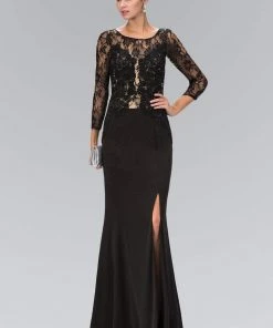 Formal Gowns Elizabeth K - GL1371 Lace Embellished Bodice With Three Quarter Sleeves Gown