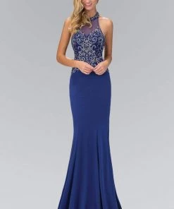 Elizabeth K - GL1373 Jewel-Accented Halter Neck Jersey Gown