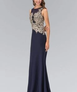 Elizabeth K - GL1381 Embellished Jewel Neck Jersey Gown
