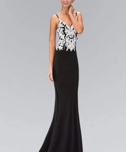 Elizabeth K - GL1384 Bead And Sequin Embellishment V-Neck Gown