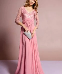 Elizabeth K - GL1397 Lace V-Neck A-Line Gown With Bolero Formal Gowns