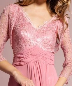 Elizabeth K - GL1397 Lace V-Neck A-Line Gown With Bolero Formal Gowns