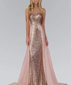 Formal Gowns Elizabeth K - GL1400 Sequined Illusion Jewel Neck A-Line Gown