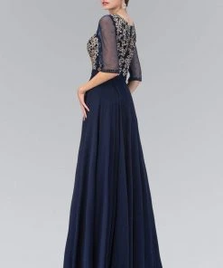 Elizabeth K - GL1407 Embellished Illusion Bateau Neck Long Gown Plus Size Dresses