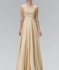 Elizabeth K - GL1407 Embellished Illusion Bateau Neck Long Gown Plus Size Dresses