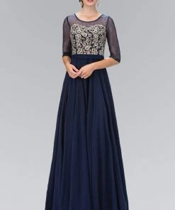 Elizabeth K - GL1407 Embellished Illusion Bateau Neck Long Gown Plus Size Dresses