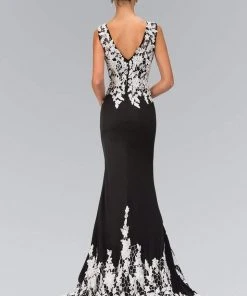 Elizabeth K - GL1408 V-neckline With White Lace Embellished Gown