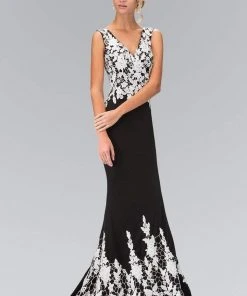 Elizabeth K - GL1408 V-neckline With White Lace Embellished Gown