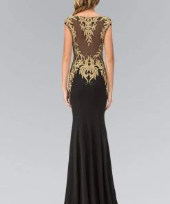Elizabeth K - GL1417 Bateau Neckline With Gold Applique Embellishment Gown Formal Gowns 5 Elizabeth K - GL1417 Bateau Neckline With Gold Applique Embellishment Gown Formal Gowns