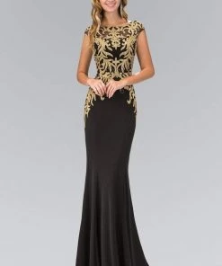 Elizabeth K - GL1417 Bateau Neckline With Gold Applique Embellishment Gown Formal Gowns