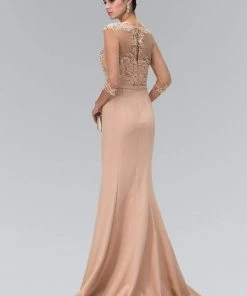 Elizabeth K - GL1423 Sheer Neckline With Three Quarter Sleeves Gown